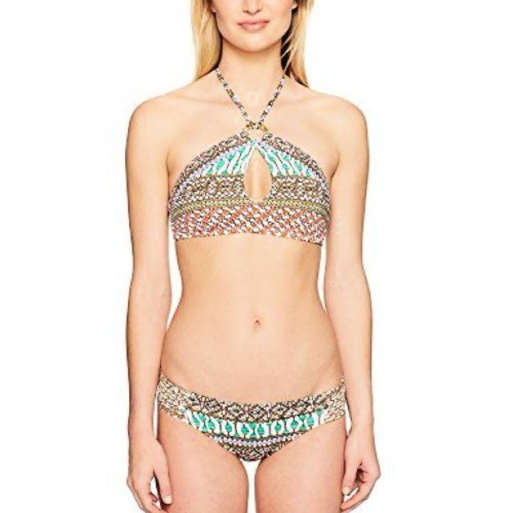 NWT Trina Turk‎ Macrame Mix High Neck Halter 2 Piece Bikini Boho Swimsuit Size 8
